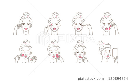 Beauty Girl Applying Face Makeup with Brushes and Sponges. Woman use Mascara, Facial Foundation, Serum and other Make Up Beauty Products. Cosmetics Concept 129894854