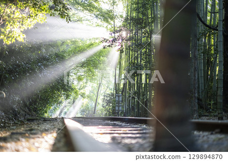 Abandoned railway line illuminated by rays of light Abandoned railway line illuminated by rays of light 129894870