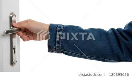 Blank denim jacket sleeve, hand opening door, isolated 129895056
