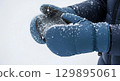Blank padded winter mittens worn mockup, isolated close-up 129895061