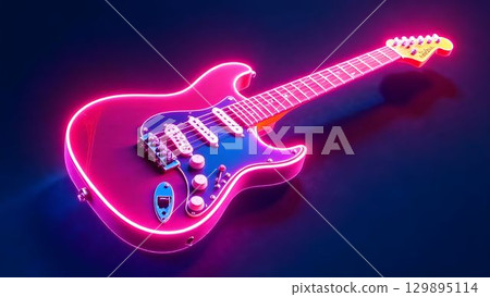 Vibrant electric guitar illuminated with neon lights on a dark background showcasing a fusion of art and music 129895114