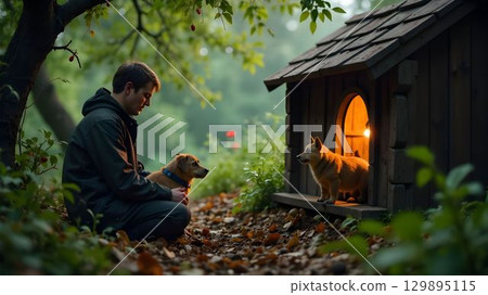 Man interacts with two dogs near a cozy doghouse in a tranquil forest setting during the evening 129895115