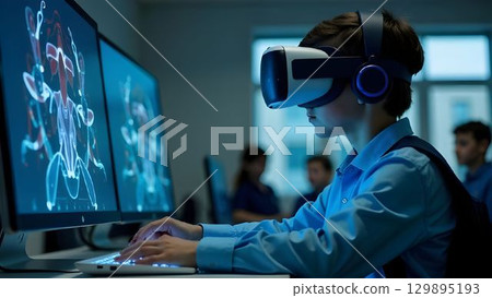 Young student engages in virtual reality exploration using advanced technology in a classroom setting during afternoon hours Young student engages in virtual reality exploration using advanced technology in a classroom setting during afternoon hours 129895193