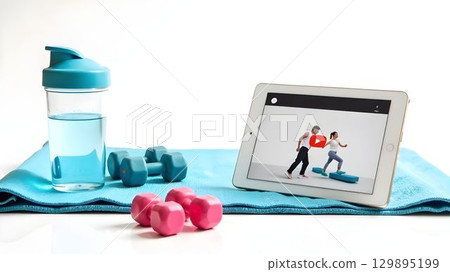 Home workout setup with dumbbells, yoga mat, and instructional video on tablet 129895199
