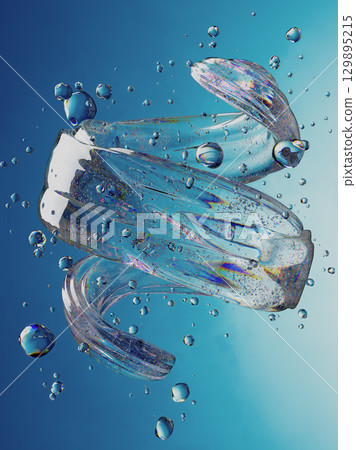 Vibrant Abstract Swirl of Water with Floating Bubbles in Blue Background 129895215