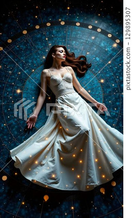 Woman in elegant gown lies on celestial circle surrounded by stars at night 129895307