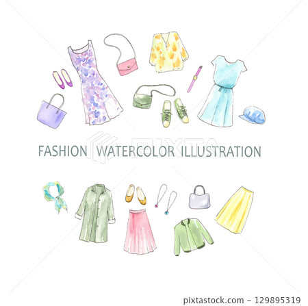 Watercolor illustration set of clothing accessories with a circular background Watercolor illustration set of clothing accessories with a circular background 129895319
