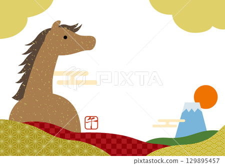 New Year's card for the Year of the Horse 2026, featuring the horse, Mt. Fuji, and a Japanese pattern / width 04, no text 129895457