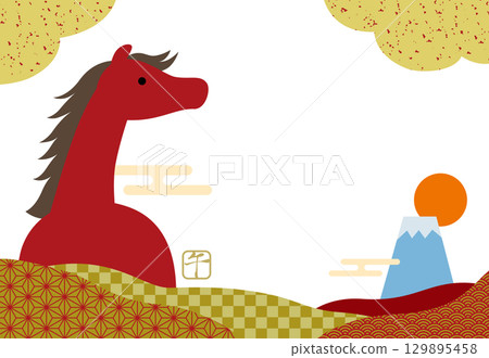 New Year's card for the Year of the Horse 2026, featuring the horse, Mt. Fuji, and a Japanese pattern / width 05, no text 129895458