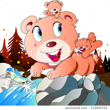 A mother bear and her cub catching salmon in an autumn river A mother bear and her cub catching salmon in an autumn river 129895593