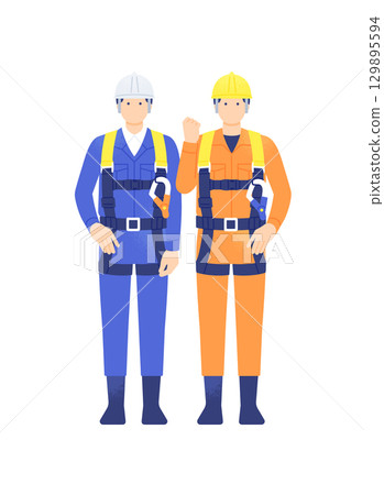 Illustration of a site supervisor and worker wearing fall prevention equipment (full harness) to promote safety measures for working at heights Illustration of a site supervisor and worker wearing fall prevention equipment (full harness) to promote safety measures for working at heights 129895594