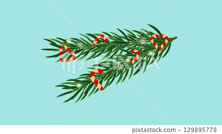 Christmas tree branch with decorations New Year. glitter. Design postcard banner poster and web page. Vector illustration. Christmas tree branch with decorations New Year. glitter. Design postcard banner poster and web page. Vector illustration. 129895778