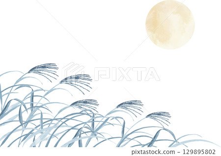 Background illustration of navy blue silver grass and a full moon 129895802