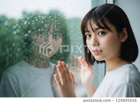 Portrait of a woman by the window on a rainy day Portrait of a woman by the window on a rainy day 129895838