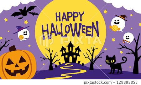 Halloween illustrations: pumpkin, ghost, black cat, full moon 129895855