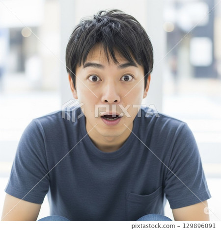 驚訝的年輕人穿著 T 卹 驚訝的年輕人穿著 T 卹 129896091