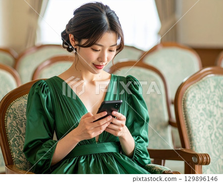 A woman in a dress holding a smartphone 129896146