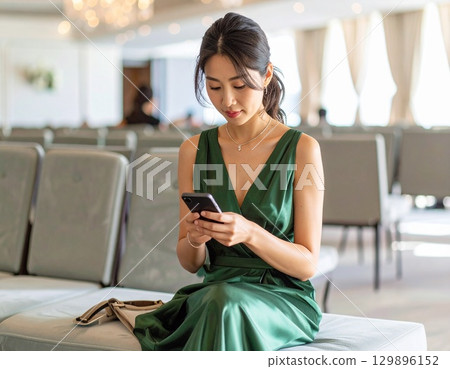 A woman in a dress holding a smartphone 129896152