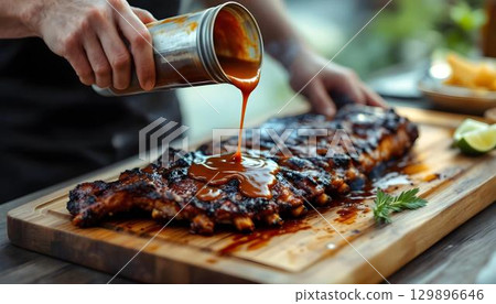 A person adds barbecue sauce to grilled items at a summer outdoor barbecue, capturing the essence of seasonal fun 129896646