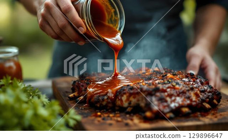 Summer barbecue scene with a person drizzling sauce over grilled food, surrounded by outdoor festivities 129896647