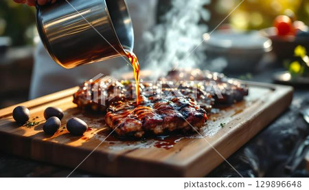 A person pouring barbecue sauce onto grilled meat during a summer outdoor barbecue gathering 129896648
