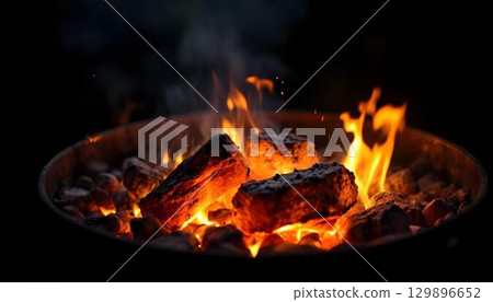 Intense close-up of flames flickering in a summer fire, creating a warm atmosphere for outdoor enjoyment Intense close-up of flames flickering in a summer fire, creating a warm atmosphere for outdoor enjoyment 129896652