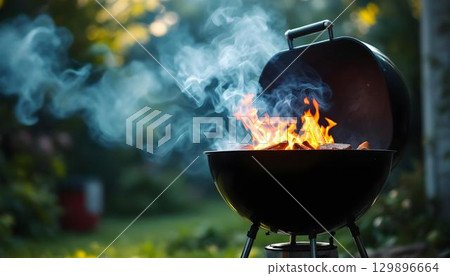 A barbecue grill outdoors with meat cooking, highlighting the joy of summer and the excitement of grilling 129896664