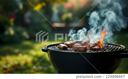 A summer barbecue grill filled with grilled meat, set against a backdrop of outdoor fun and warm weather 129896667