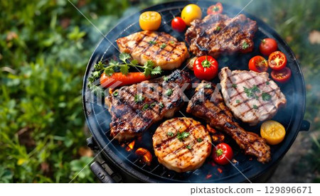 Juicy grilled meat and colorful vegetables on a grill, nestled in the grass, capturing the essence of summer outdoor fun 129896671