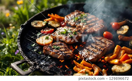 A vibrant display of grilled meat and vegetables on a grill, surrounded by lush grass, ideal for summer picnics 129896672