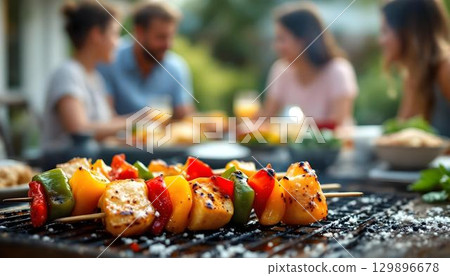 Grilled vegetable skewers sizzling on a barbecue, perfect for summer family gatherings and outdoor activities 129896678