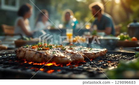 A family enjoys summer grilling steak together outdoors, surrounded by a vibrant backyard setting 129896683