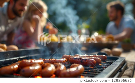 A lively outdoor scene with a family gathered around a grill, grilling sausages and enjoying summer fun 129896685