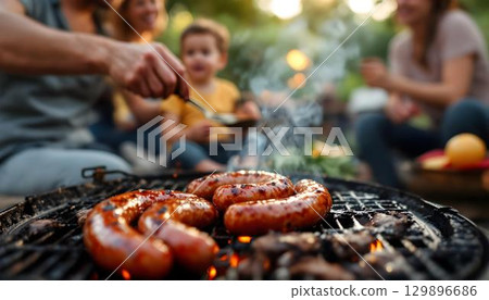 People sit around a grill in summer, savoring sausages and the joy of outdoor family activities together 129896686