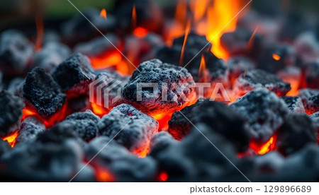 A grill with glowing coal, embodying the spirit of summer and outdoor barbeque activities A grill with glowing coal, embodying the spirit of summer and outdoor barbeque activities 129896689