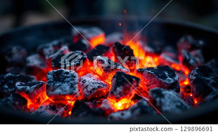 A grill filled with burning coal, capturing the essence of summer and outdoor barbeque fun A grill filled with burning coal, capturing the essence of summer and outdoor barbeque fun 129896691