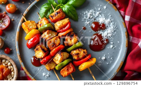 Savory grilled chicken kebabs with peppers and tomatoes, set against a summer barbecue backdrop 129896754