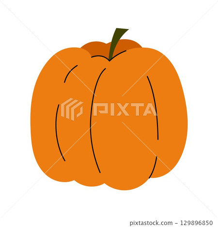 Simple pumpkin vector isolated element. Colorful orange vegetable. Symbol of fall, autumn harvest, Thanksgiving and Halloween. Squash cute hand drawn illustration 129896850