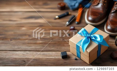 A festive Father's Day setup with shoes, a gift box, and a blue ribbon on a wooden table 129897103