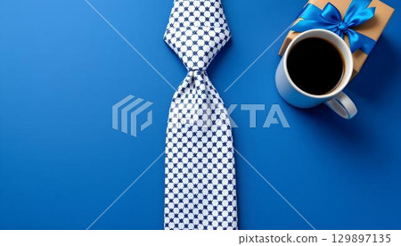 A blue background featuring a blue tie and gift box, ideal for Father's Day greetings 129897135