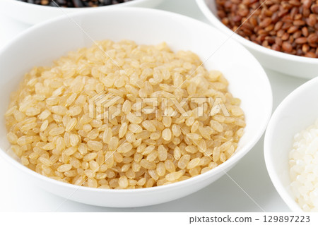 Close-up of germinated brown rice (raw rice) in a plate Close-up of germinated brown rice (raw rice) in a plate 129897223