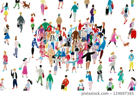 手繪插畫，描繪了各種各樣的人手牽手，聚集成一個心形 129897385