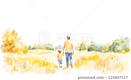 Watercolor illustration of a father and son joyfully walking together in a field, celebrating Father's Day 129897557