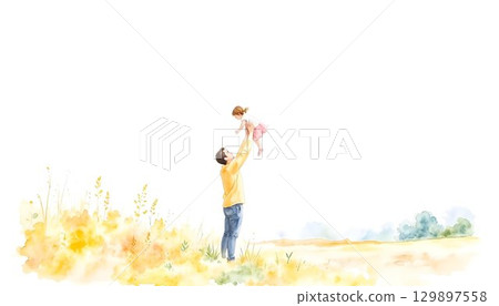 A heartwarming watercolor scene of a father and daughter in a field, capturing the essence of Father's Day 129897558