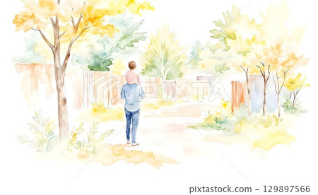 A father and son stand on a hill, gazing at a house, surrounded by a watercolor background. Happy Father's Day! 129897566