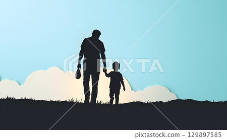 Father and son stroll through lush grass, embodying joy and love on Father's Day, set against a papercut backdrop Father and son stroll through lush grass, embodying joy and love on Father's Day, set against a papercut backdrop 129897585