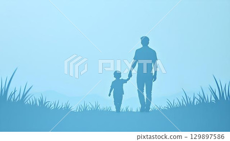 A father and son happily walk in the grass, surrounded by a festive papercut design for Father's Day A father and son happily walk in the grass, surrounded by a festive papercut design for Father's Day 129897586