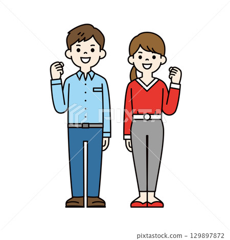 Full-body illustration of a young man and woman smiling and giving a fist pump_Vector_Color 129897872