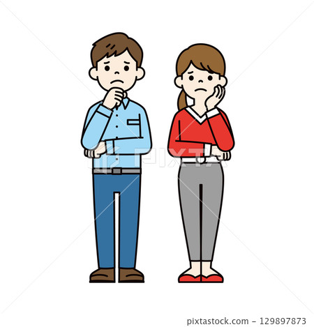 Full-body illustration of a young man and woman with folded arms and a troubled expression_Vector_Color Full-body illustration of a young man and woman with folded arms and a troubled expression_Vector_Color 129897873