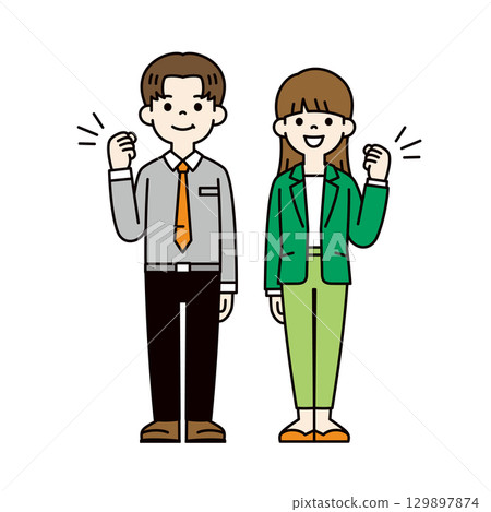 Full-body illustration of a motivated and energetic male and female employee_Vector_Color Full-body illustration of a motivated and energetic male and female employee_Vector_Color 129897874